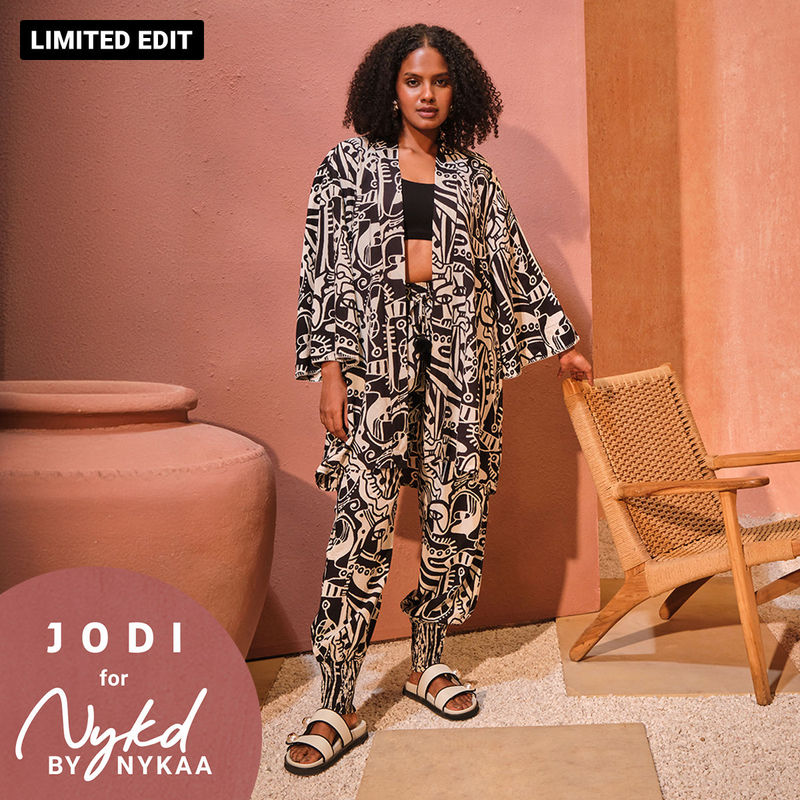 Jodi X Nykd Modal Shrug Jacket with Embroidered sleeves -NYJ10-Black & White Intertwined Print (Free Size)