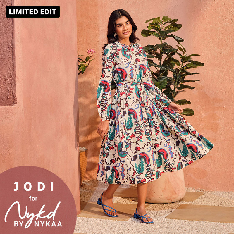 Jodi X Nykd Mangalgiri Cotton Midi Shirt Dress with Belt & Pockets NYJ07 White Plantain Marble Print (M)