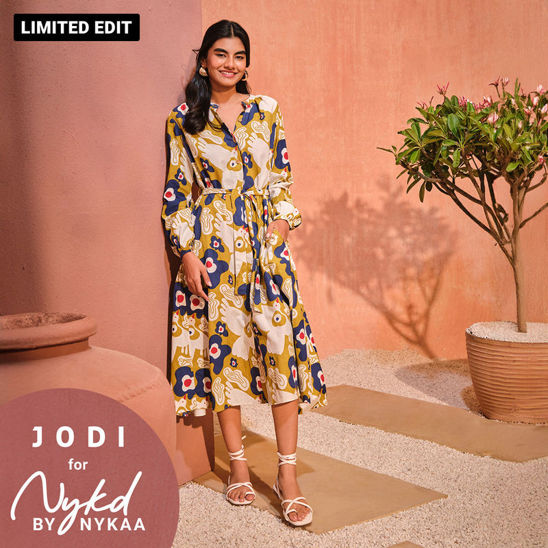 Jodi X Nykd Mangalgiri Cotton Midi Shirt Dress with Belt & Pockets-NYJ07-Mustard Peace Bird Print (L)