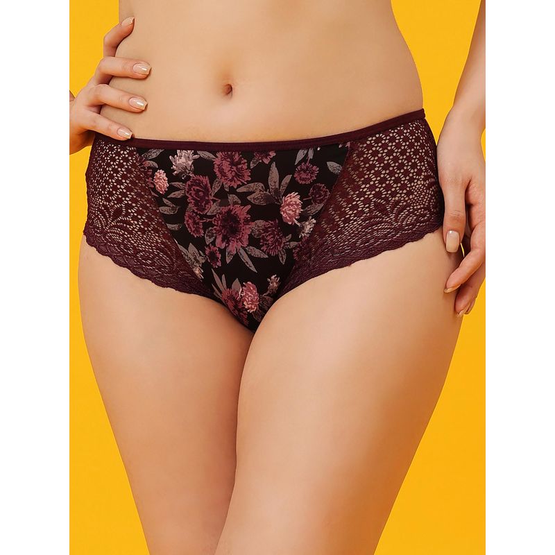 Clovia Floral Print Mid Waist Hipster Panty With Lace Panel (S)