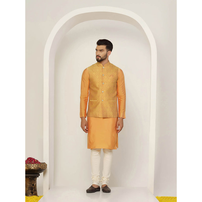 KISAH Men Mustard Kurta Jacket Churidar Set (Set of 3) (38)