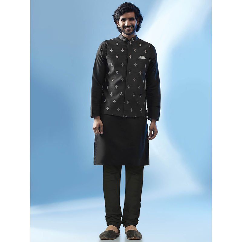 KISAH Men Black Kurta Jacket Churidar Set (Set of 3) (38)