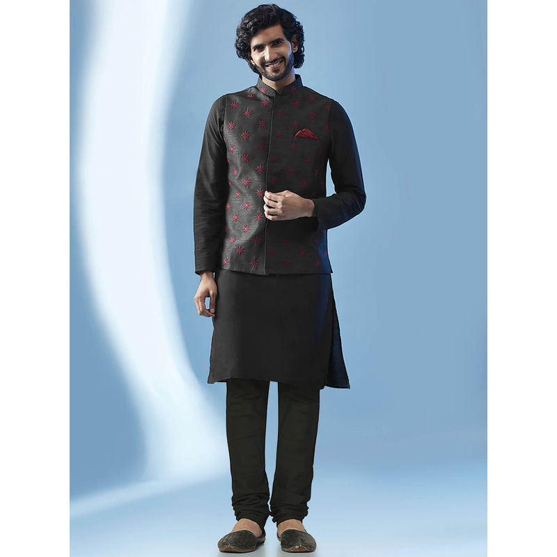 KISAH Men Black Kurta Jacket Churidar Set (Set of 3) (40)