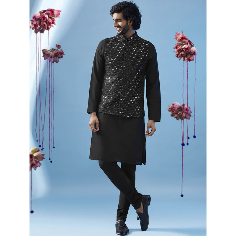 KISAH Men Black Kurta Jacket Churidar Set (Set of 3) (38)