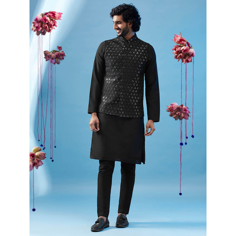 KISAH Men Black Kurta Jacket Trouser Set (Set of 3) (38)