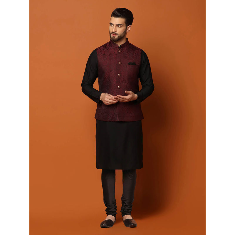 KISAH Men Maroon Kurta Jacket Churidar Set (Set of 3) (38)