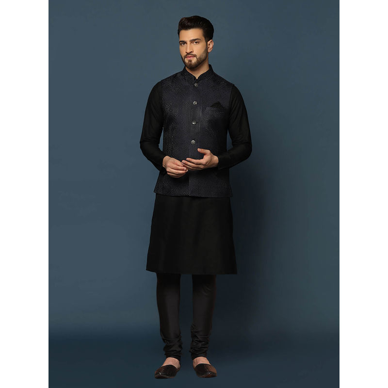KISAH Men Navy Blue Textured Silk Blend Kurta Jacket Churidar Set with Geometric Pattern (40)