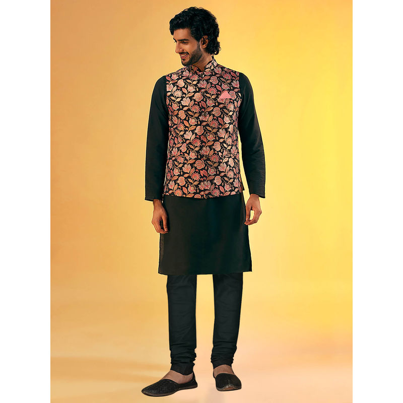 KISAH Men Black Kurta Jacket Churidar Set (Set of 3) (38)