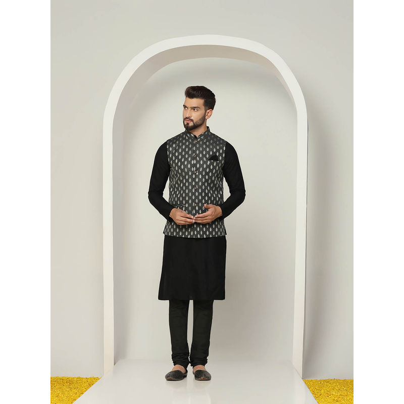 KISAH Men Black Kurta Jacket Churidar Set (Set of 3) (38)