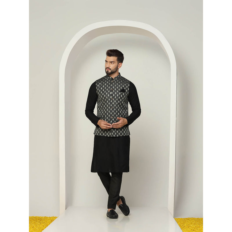KISAH Men Black Kurta Jacket Trouser Set (Set of 3) (38)