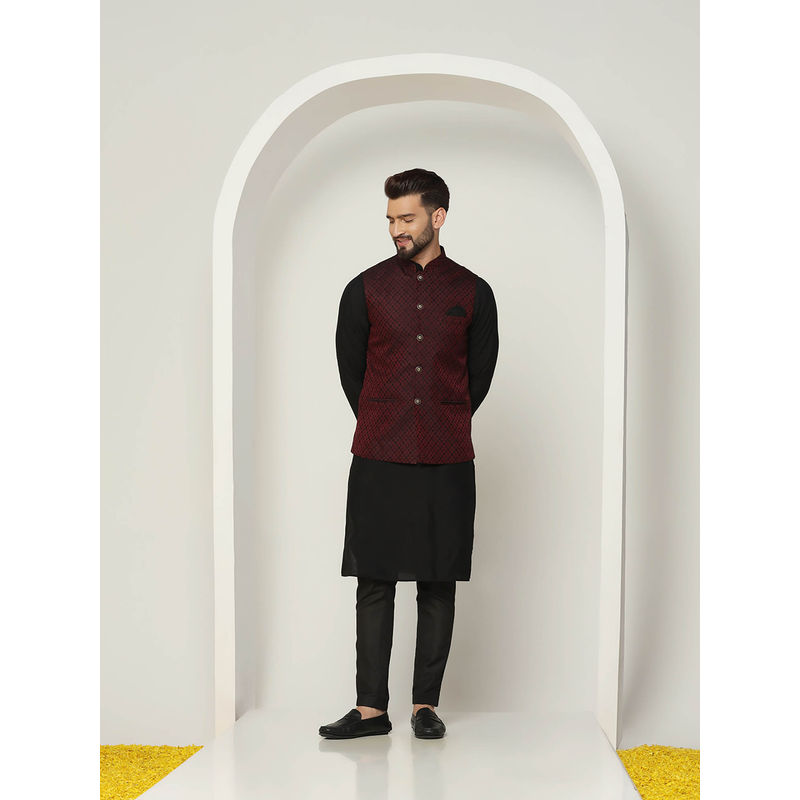 KISAH Men Maroon Kurta Jacket Trouser Set (Set of 3) (40)