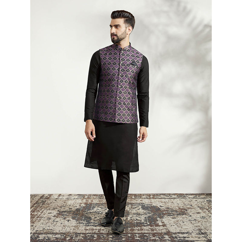 KISAH Men Purple & Black Woven Silk Blend Jacquard Kurta Jacket Trouser Set with Ethnic Motifs (42)