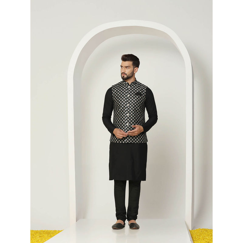 KISAH Men Black Kurta Jacket Churidar Set (Set of 3) (38)