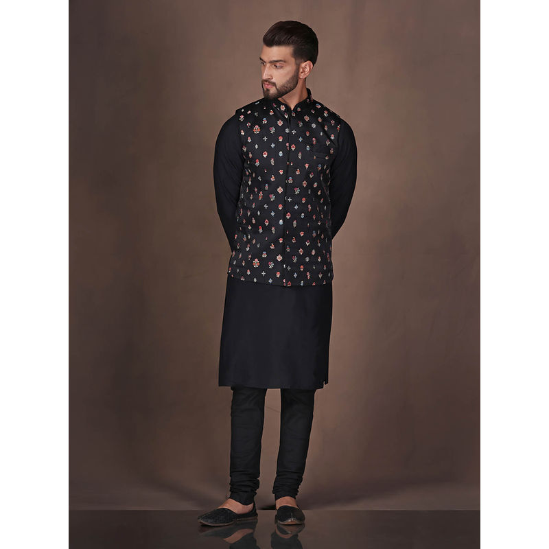 KISAH Men Black Kurta Jacket Churidar Set (Set of 3) (42)