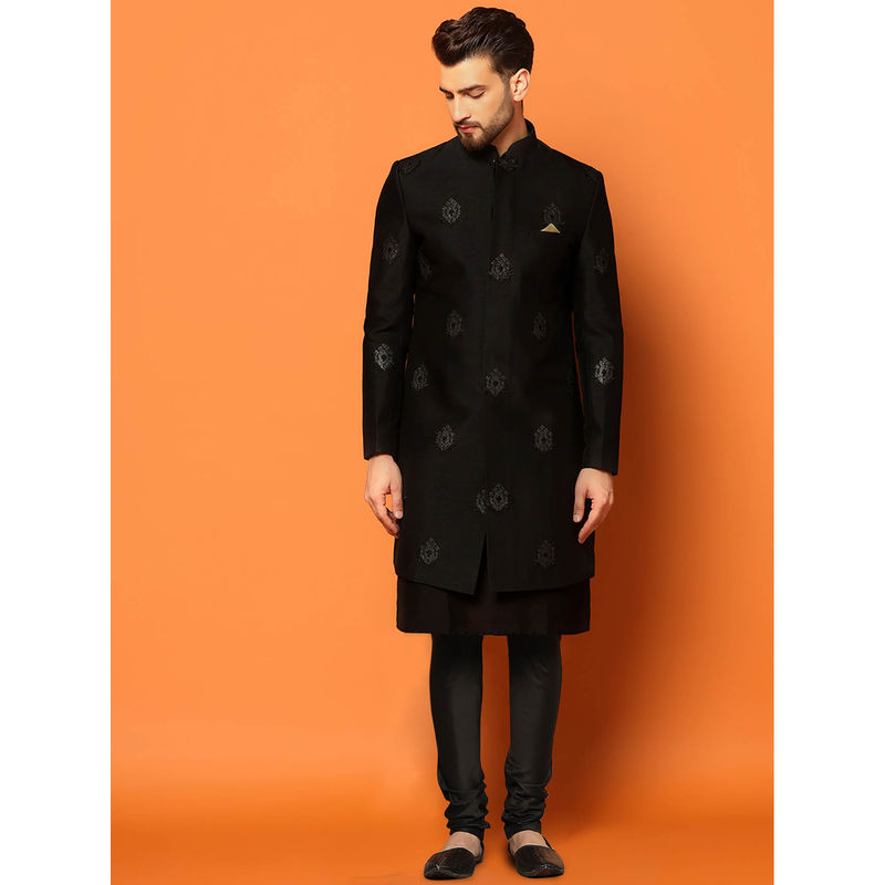 KISAH Men Black Embroidery Silk Blend Kurta Indowestern Sherwani Churidar Set with Ethnic Motifs (38)