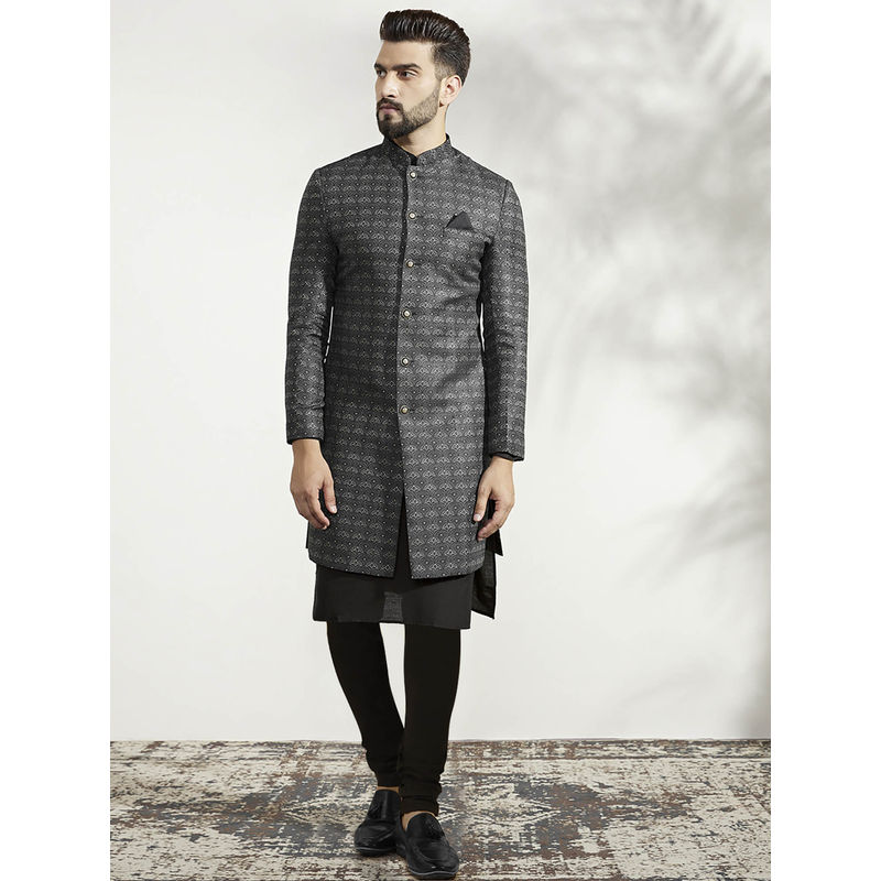 KISAH Men Ash Grey & Black Textured Silk Blend Jacquard Kurta Indowestern Sherwani Churidar Set (42)