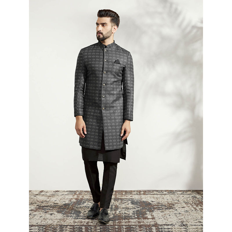 KISAH Men Ash Grey & Black Textured Silk Blend Jacquard Kurta Indowestern Sherwani Trouser Set (38)