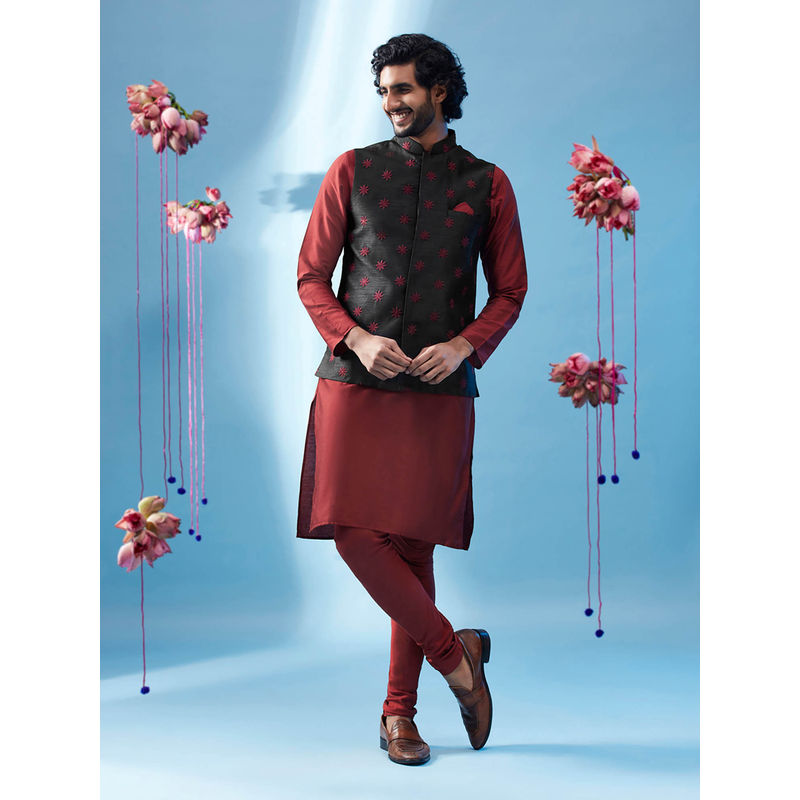KISAH Men Black Kurta Jacket Churidar Set (Set of 3) (38)
