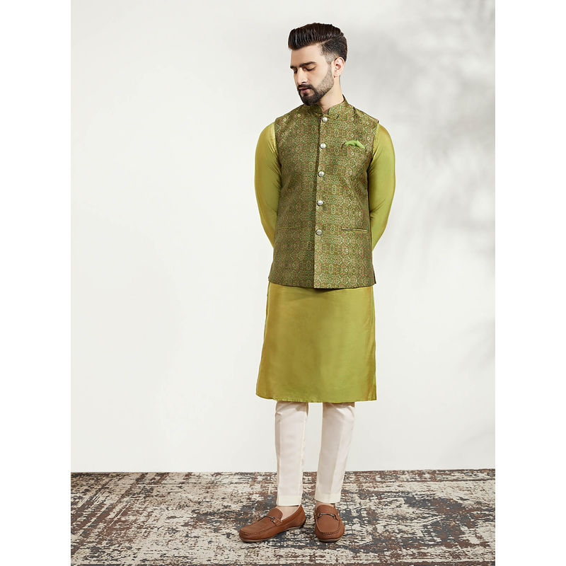 KISAH Men Olive Kurta Jacket Trouser Set (Set of 3) (38)