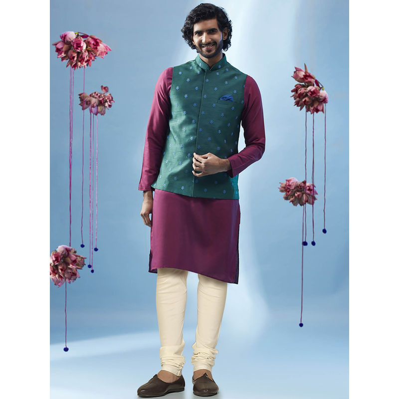 KISAH Men Green Kurta Jacket Churidar Set (Set of 3) (38)