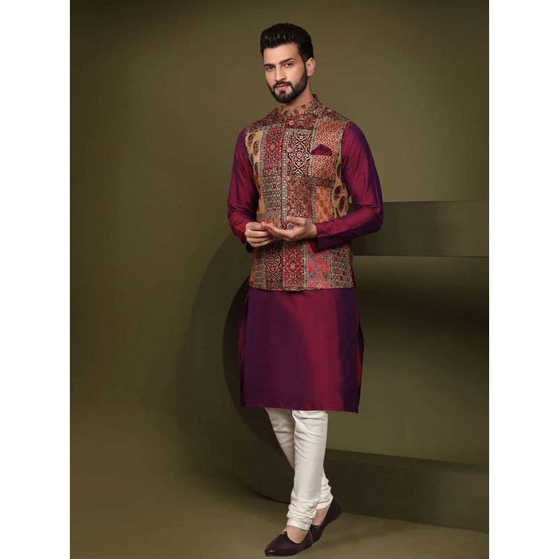 KISAH Men Maroon Printed Cotton Blend Kurta Jacket Churidar Set with Abstract Print (40)