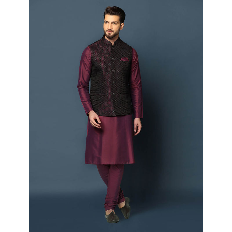 KISAH Men Navy Blue Kurta Jacket Churidar (Set of 3) (38)