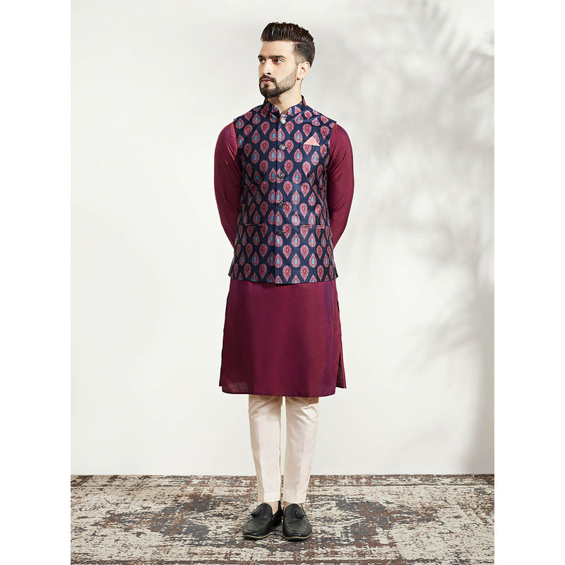 KISAH Men Blue Kurta Jacket Trouser Set (Set of 3) (40)