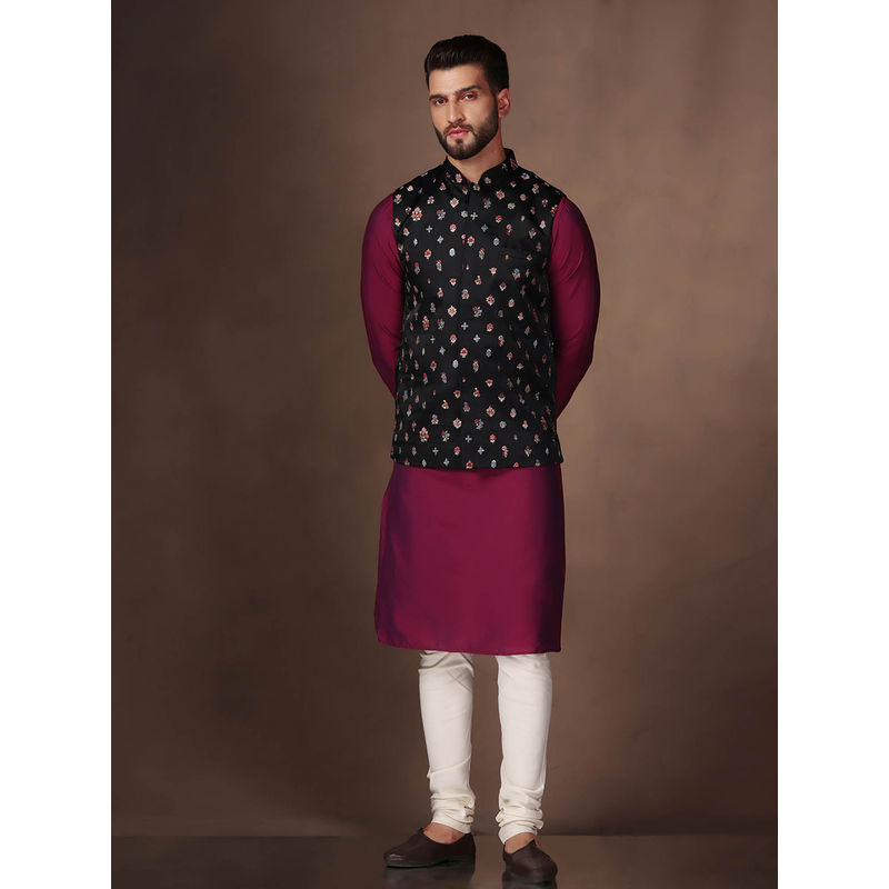 KISAH Men Black Kurta Jacket Churidar Set (Set of 3) (40)