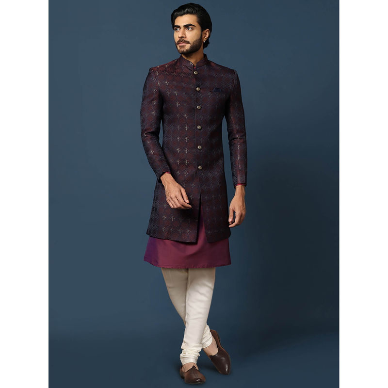KISAH Men Purple Kurta Sherwani Churidar Set (Set of 3) (44)
