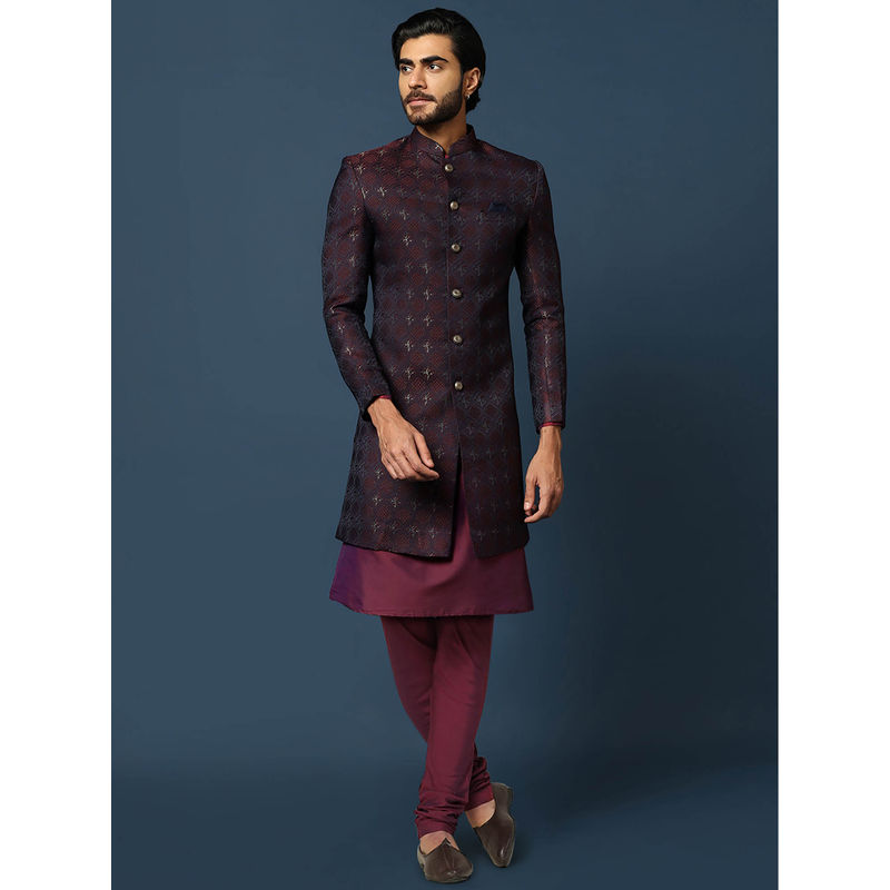KISAH Men Purple Kurta Sherwani Churidar Set (Set of 3) (42)