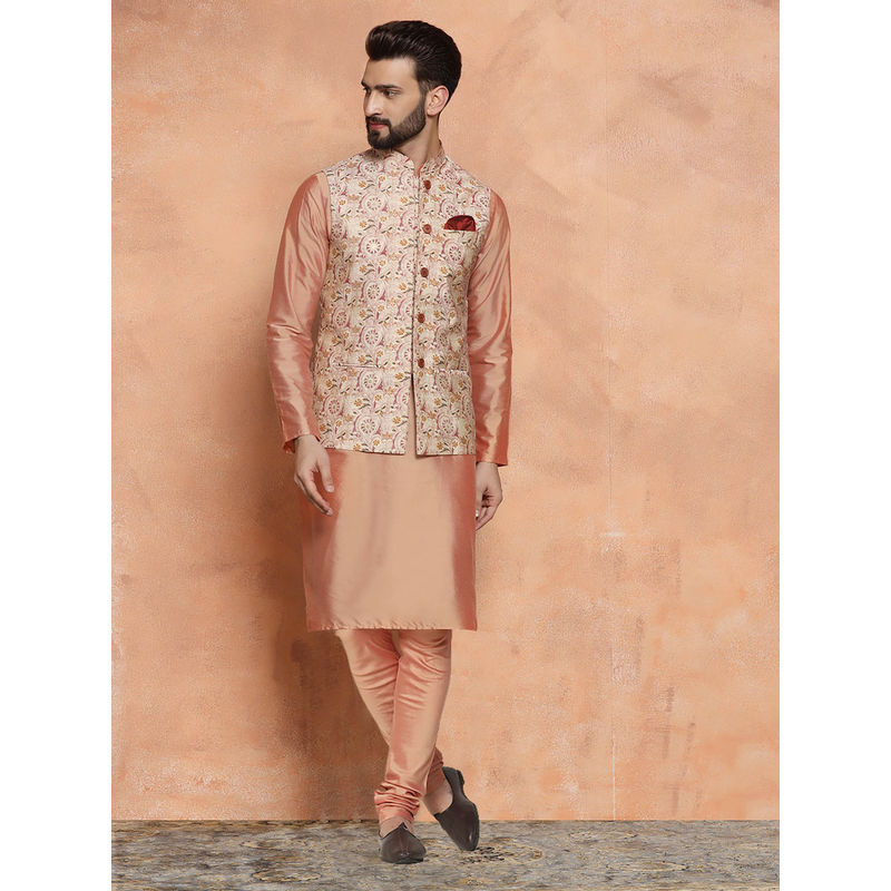 KISAH Men Multi Coloured Printed Cotton Blend Kurta Jacket Churidar Set with Kantha Print (44)
