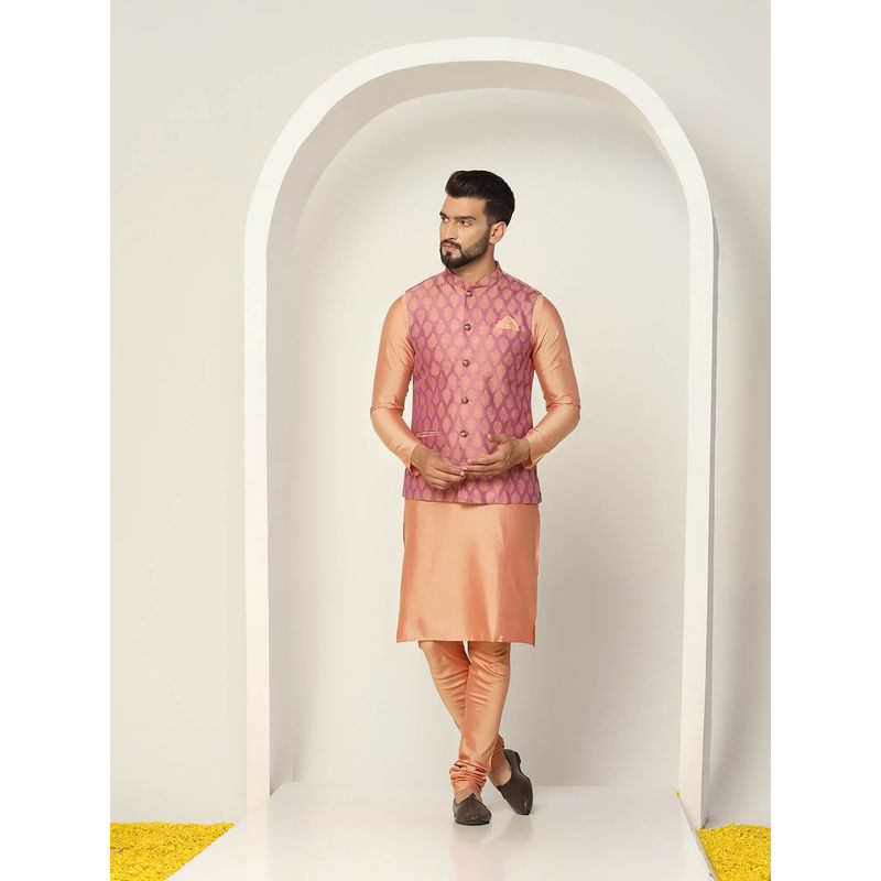 KISAH Men Coral Kurta Jacket Churidar Set (Set of 3) (38)