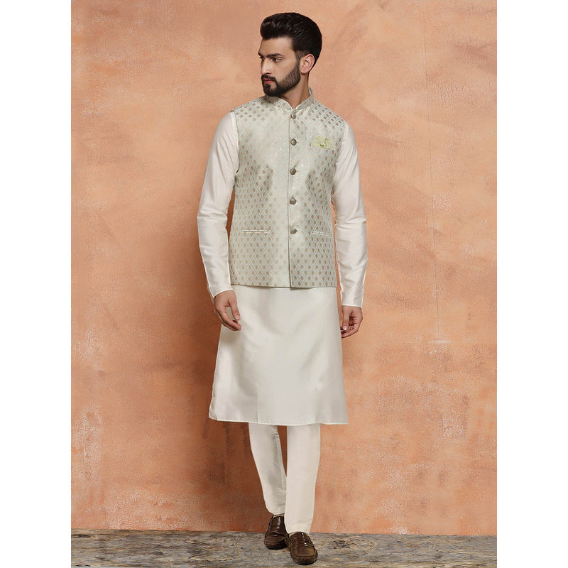 KISAH Men Green Kurta Jacket Trouser Set (Set of 3) (42)