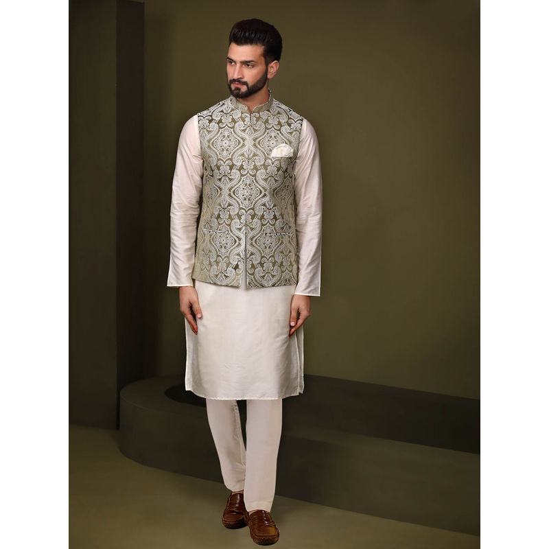 KISAH Men Olive Green Embroidery Silk Blend Kurta Jacket Trouser Set with Ethnic Motifs (40)