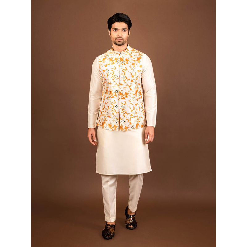 KISAH Men White Kurta Jacket Trouser Set (Set of 3) (40)