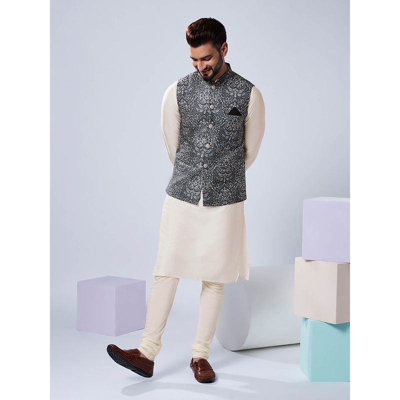 KISAH Men Ash Grey Printed Cotton Blend Kurta Jacket Churidar Set with Ethnic Motifs (40)