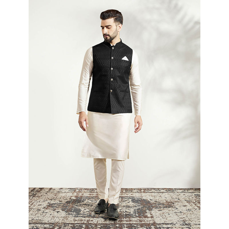 KISAH Men Black Kurta Jacket Trouser Set (Set of 3) (38)