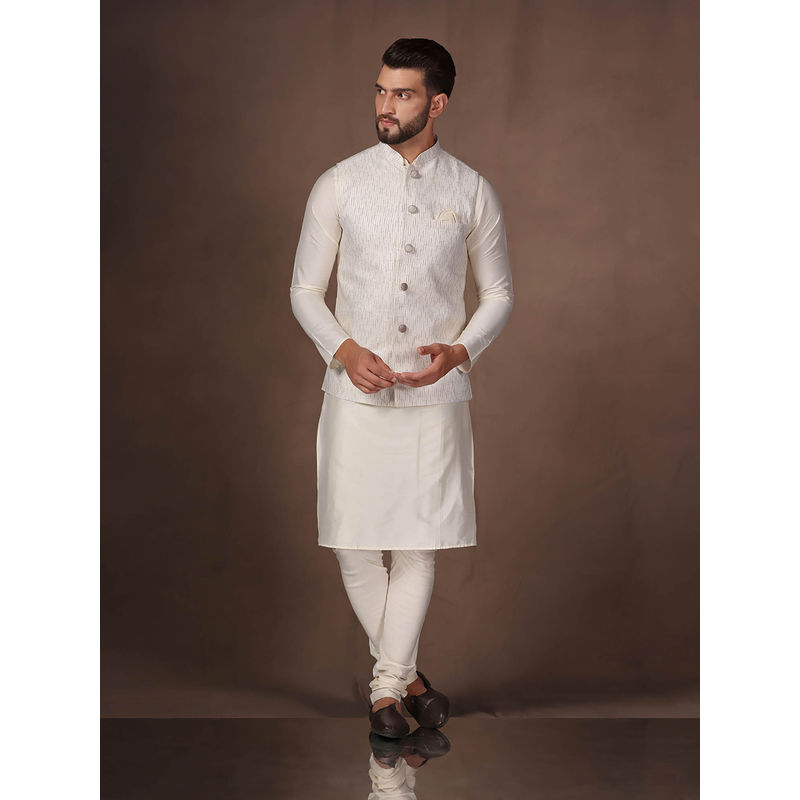 KISAH Men Off White Kurta Jacket Churidar Set (Set of 3) (42)