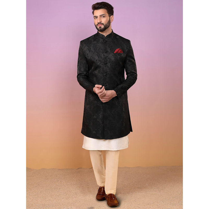 KISAH Men Black Kurta Sherwani Trouser Set (Set of 3) (38)