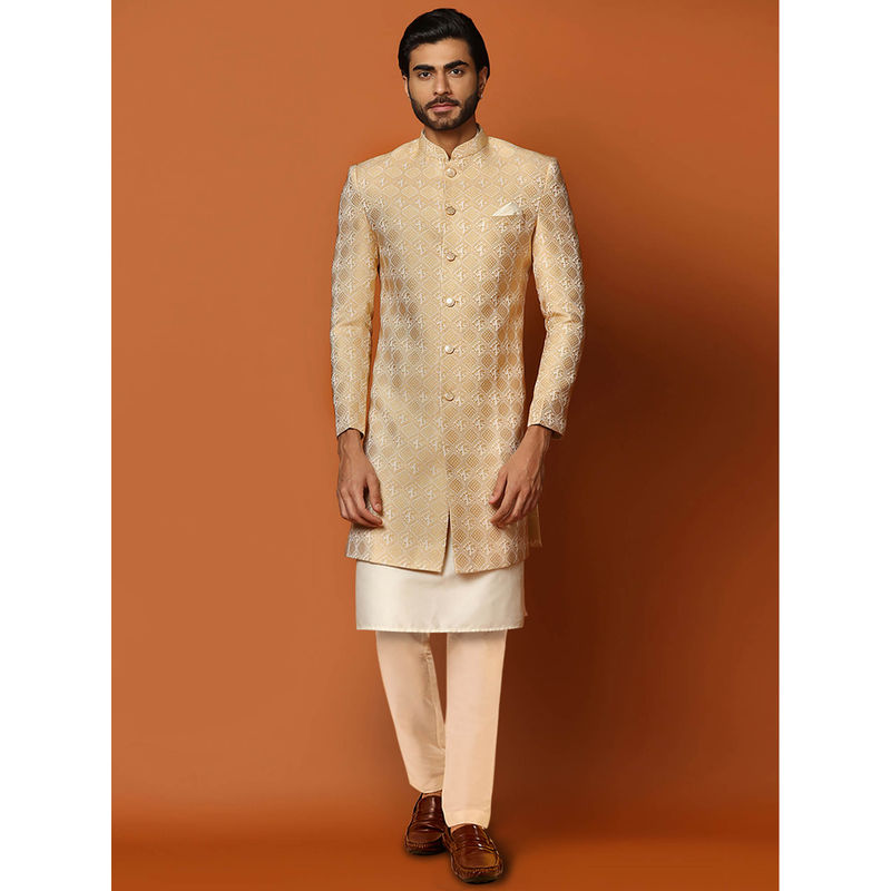KISAH Men Beige Kurta Sherwani Trouser Set (Set of 3) (42)