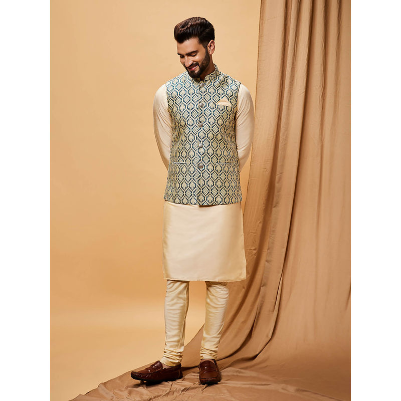 KISAH Men Blue Kurta Jacket Churidar Set (Set of 3) (38)