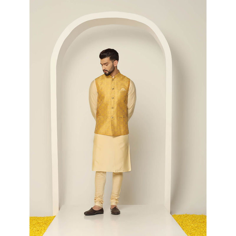 KISAH Men Mustard Kurta Jacket Churidar Set (Set of 3) (38)
