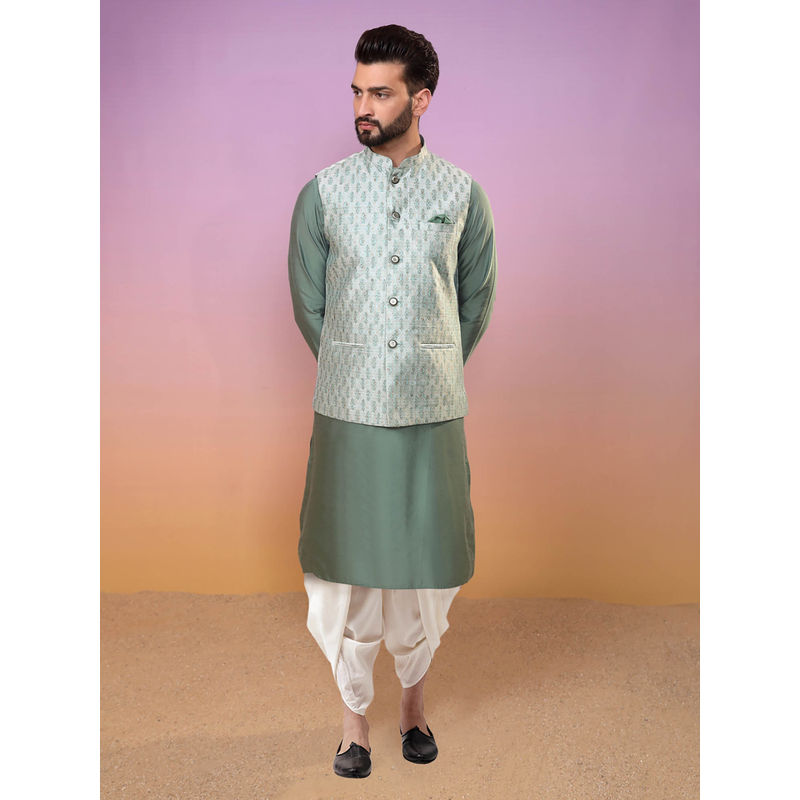 KISAH Men Olive Kurta Jacket Dhoti Set (Set of 3) (38)