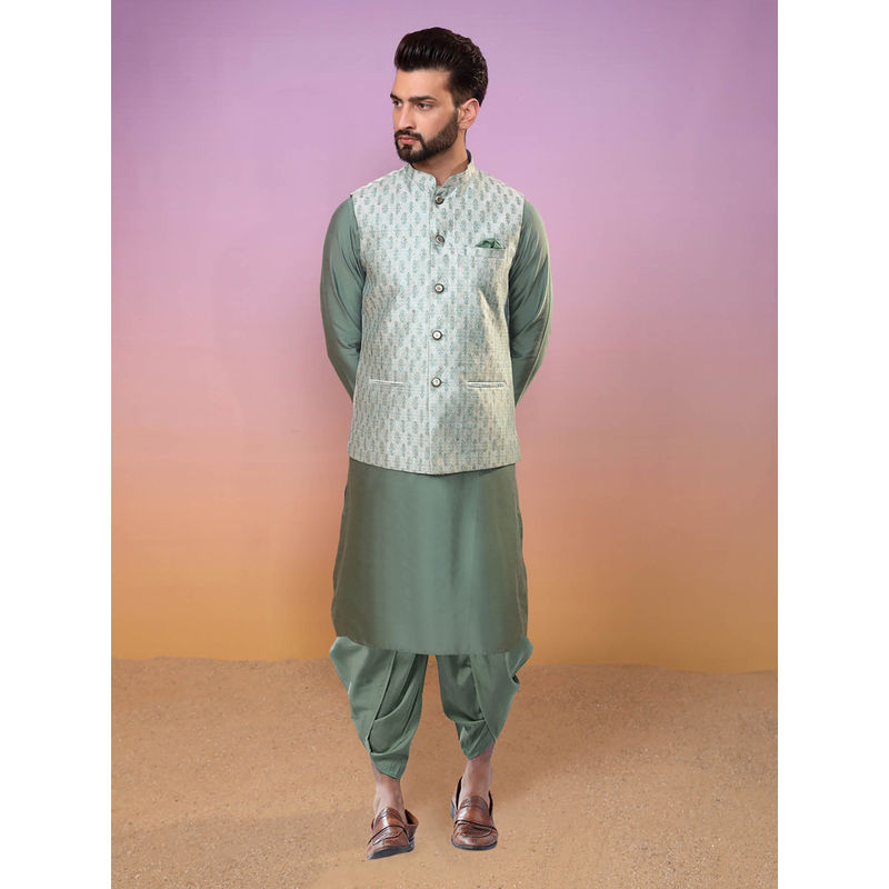 KISAH Men Green Kurta Jacket Dhoti Set (Set of 3) (38)