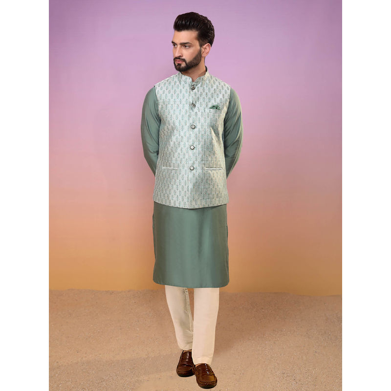 KISAH Men Green Kurta Jacket Trouser Set (Set of 3) (38)