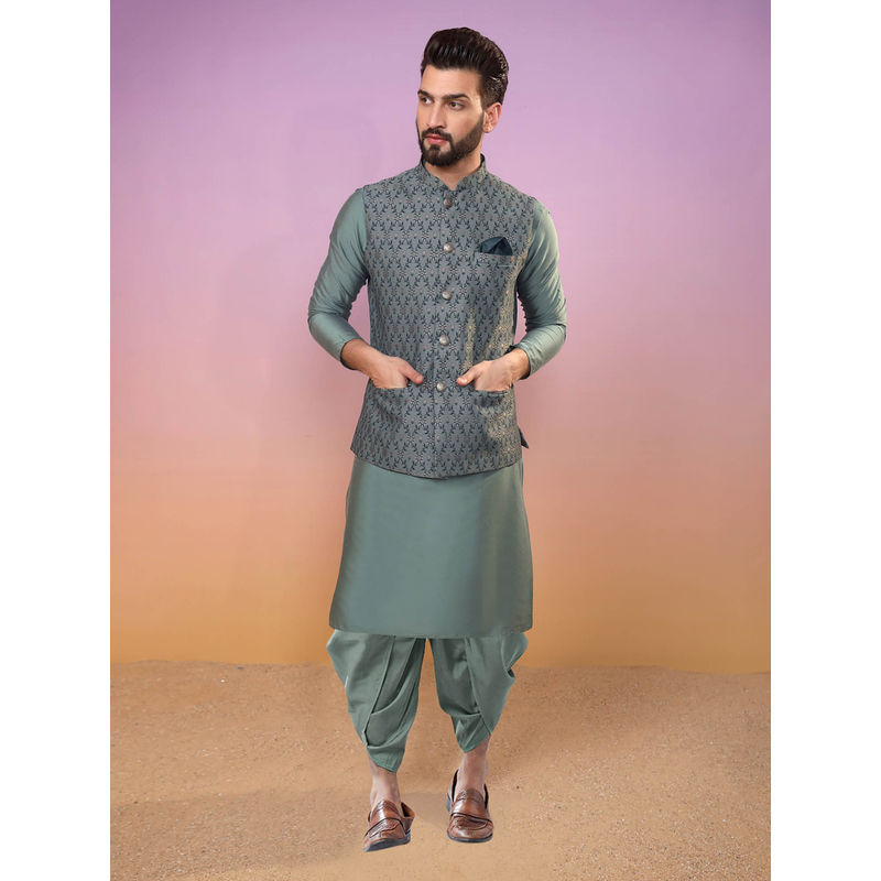 KISAH Men Green Kurta Jacket Dhoti Set (Set of 3) (38)