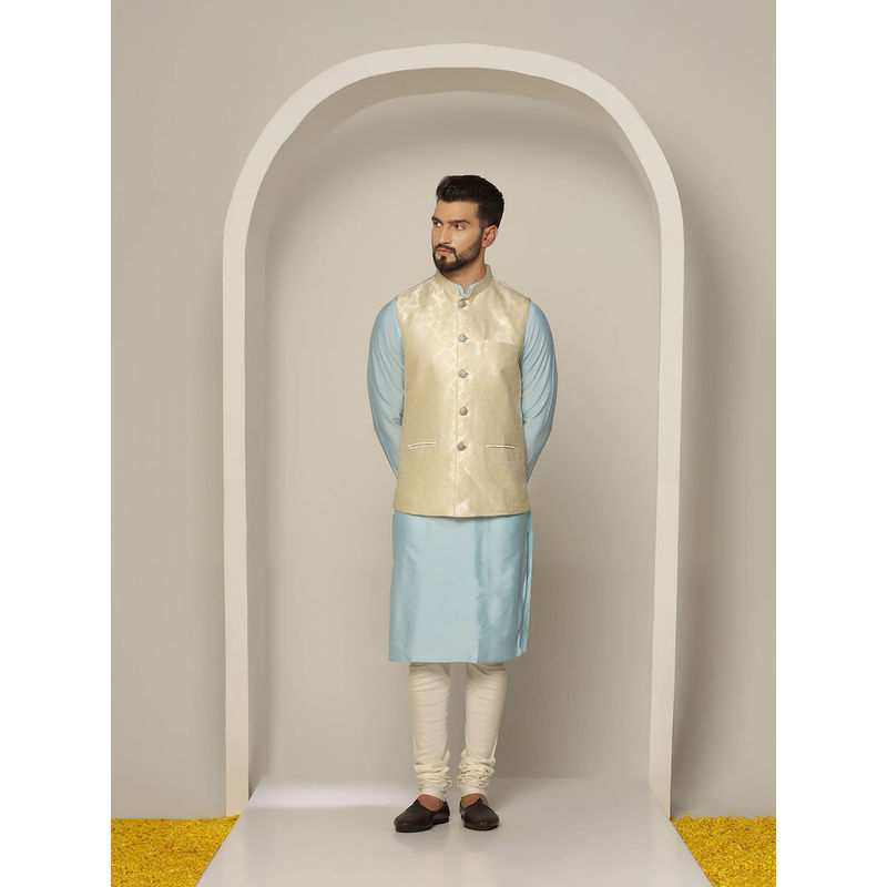 KISAH Men Off White Kurta Jacket Churidar Set (Set of 3) (40)