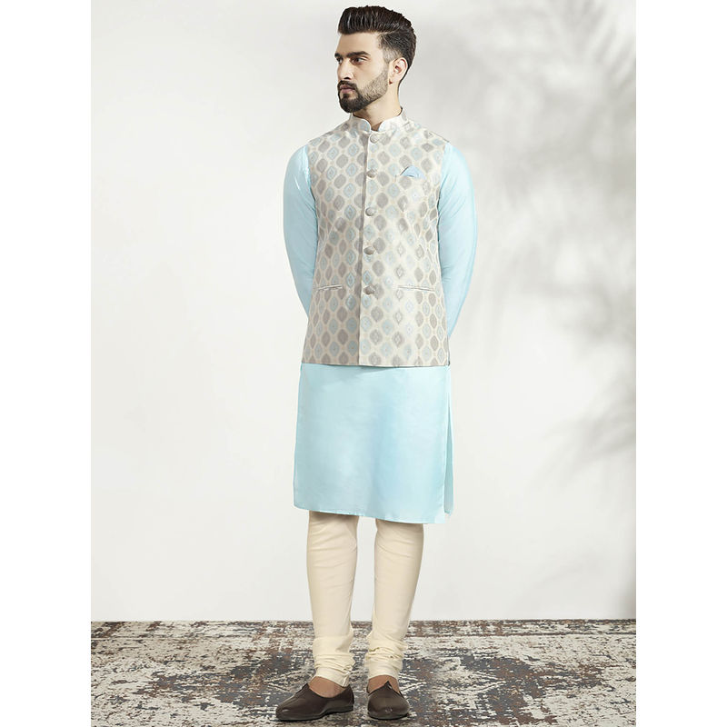 KISAH Men Off White Kurta Jacket Churidar Set (Set of 3) (40)