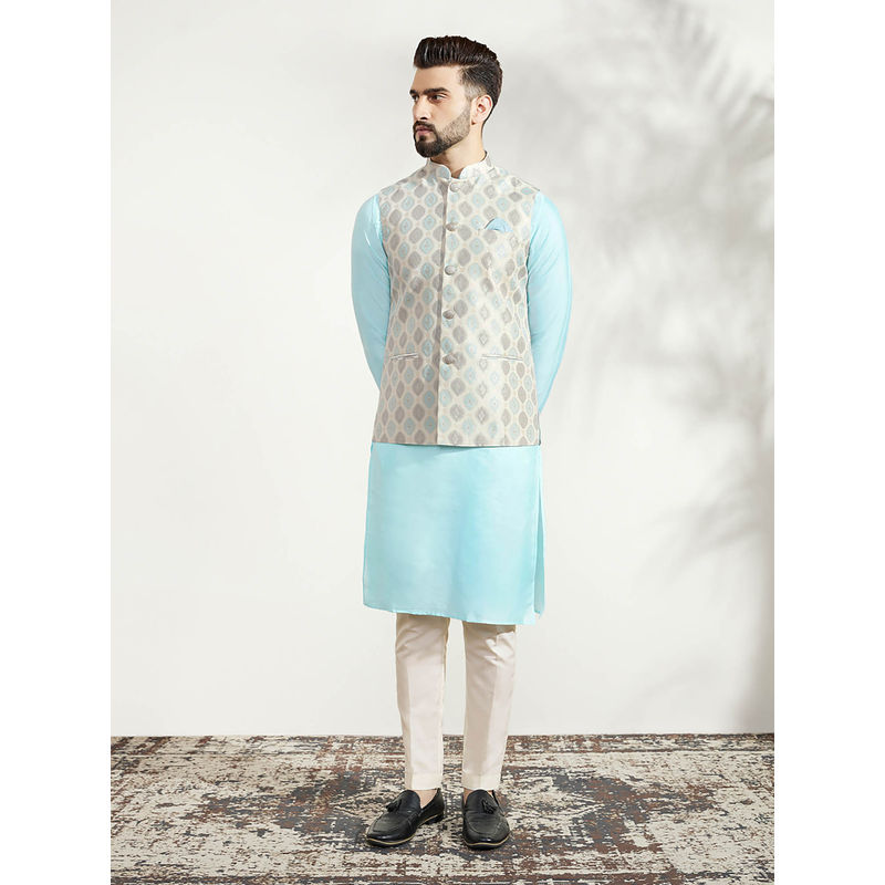 KISAH Men Off White Kurta Jacket Trouser Set (Set of 3) (38)