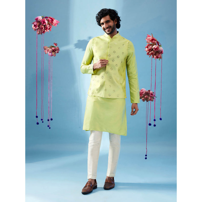 KISAH Men Green Kurta Jacket Trouser Set (Set of 3) (44)